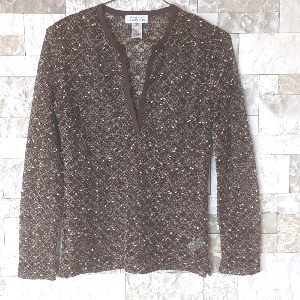 Jones New York COUNTRY Boho Chic Open Weave Sweater Brown Vintage 90's Sheer EUC
